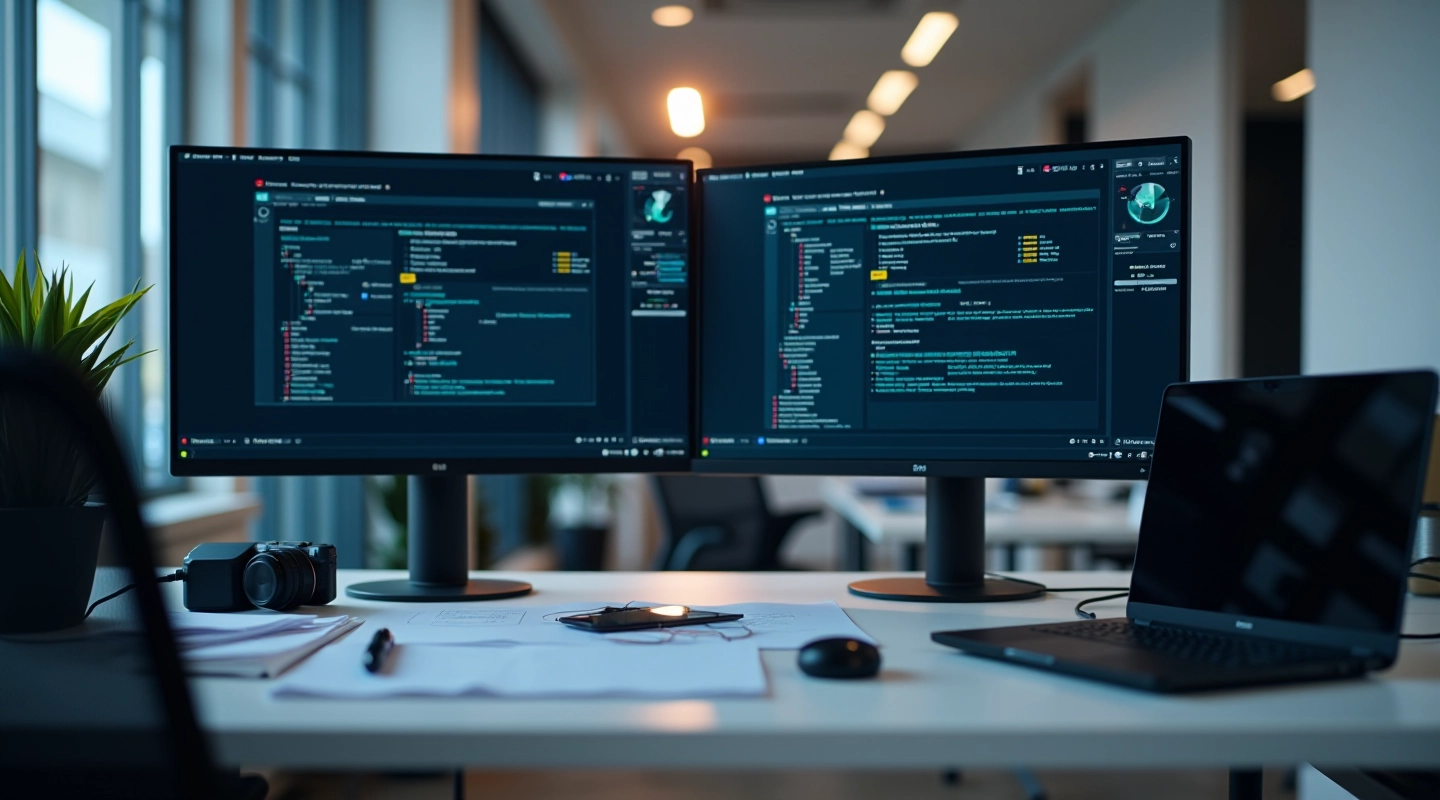 Workspace di supporto tecnico con computer e strumenti di diagnostica in ambiente moderno