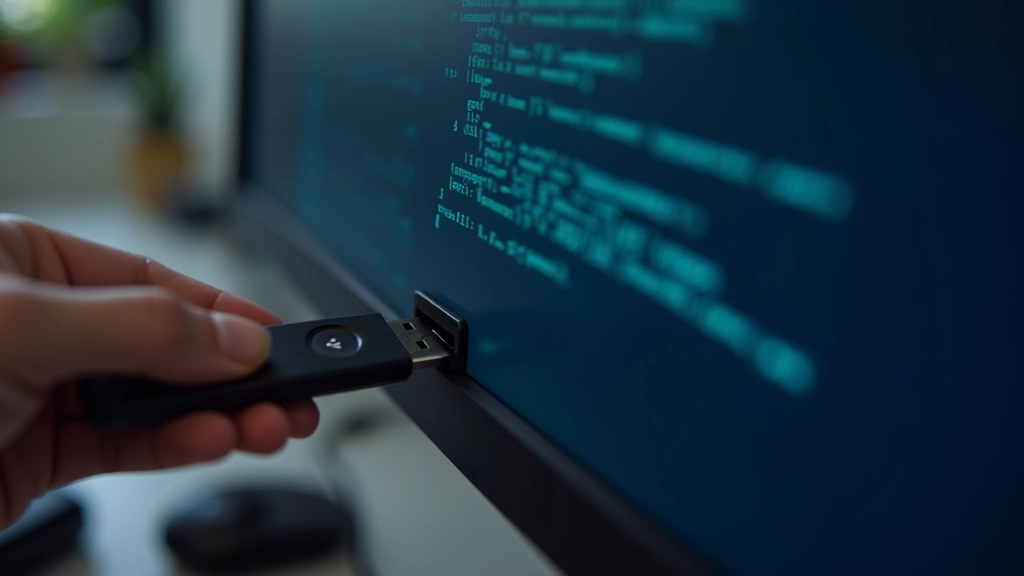 Chiavetta USB bianca inserita in una porta del computer con schermo sullo sfondo che mostra il menu di avvio